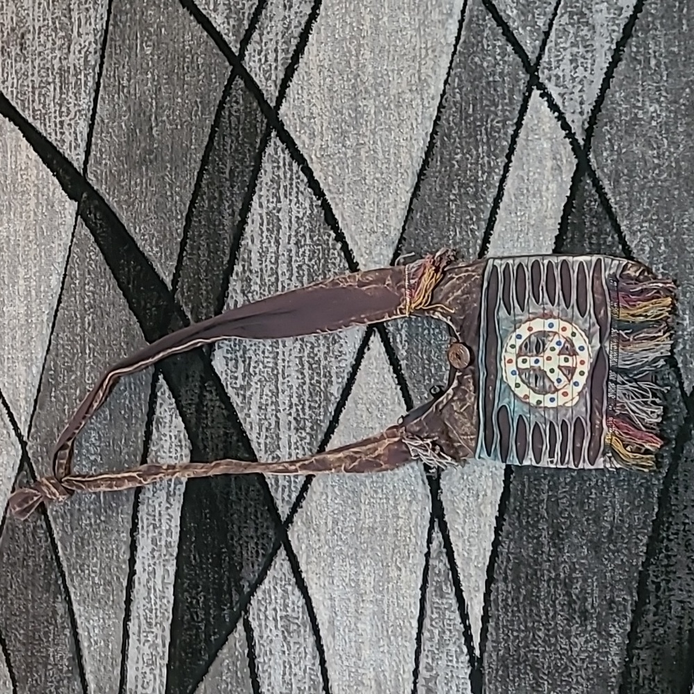 BOHO HIPPIE BROWN ACID WASH FRINGE PEACE SIGN DISTRESSED NEPAL CROSSBODY…
